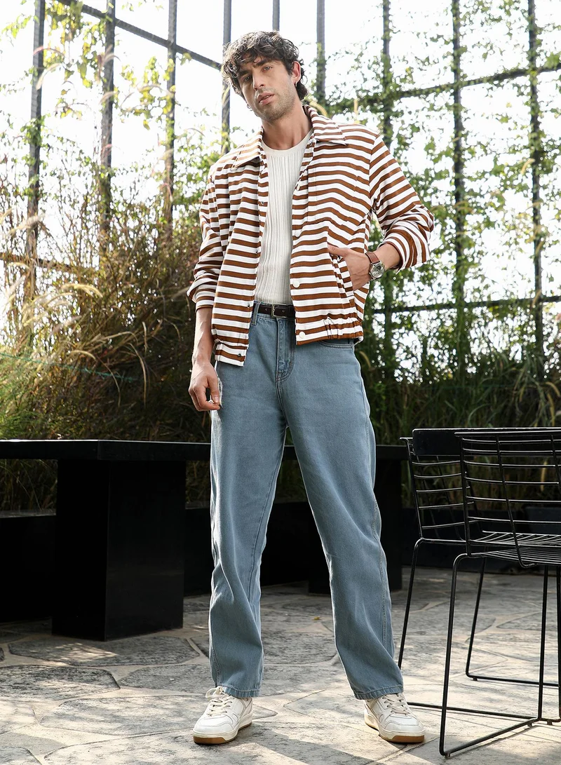 Campus Sutra Men Candy-Striped Utility Bomber Jacket | Point Collar, Long Button-Cuff Sleeves | Snap Button , Stretch-Straight Hem | Stripes Textured Woven Fabric For Casual & Daily Wear | Brown