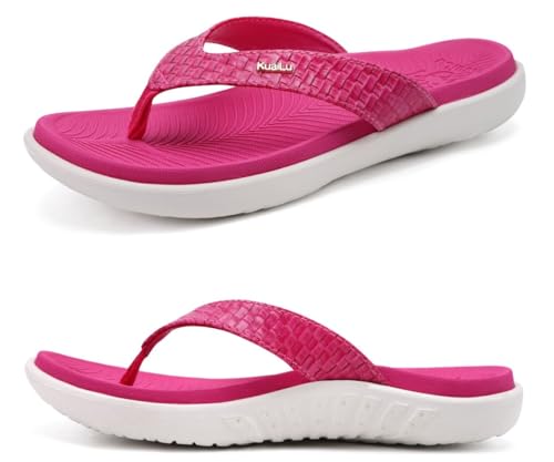KuaiLu Red Flip Flops for Women Ladies Yoga Mat Comfortable Walking Thong Sandals With Plantar Fasciitis Arch Support Slip On Indoor Outdoor For Summer(Bright Pink) - Image 1