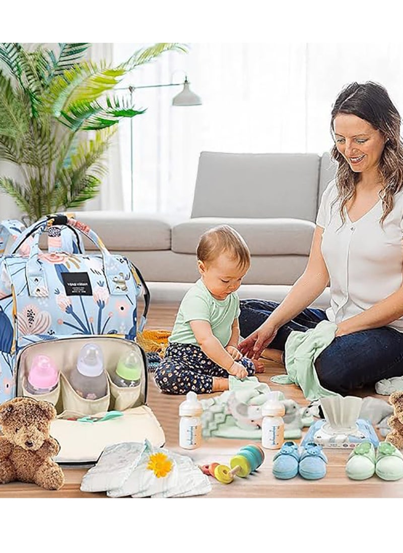 Yoawllty Big Capacity Baby Diaper Bag, Multifunctional Waterproof Diapers Changing Backpacks for Mothers and Fathers Travel(Flower Blue)  - Image 5