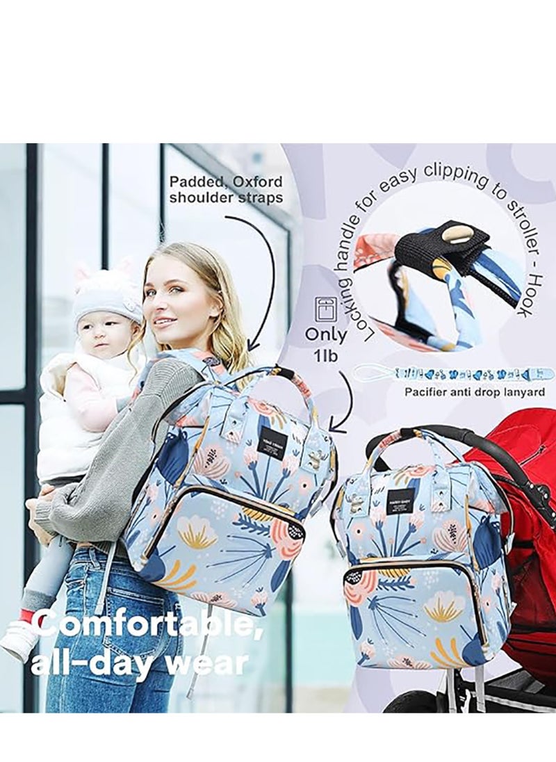 Yoawllty - Big Capacity Baby Diaper Bag, Multifunctional Waterproof Diapers Changing Backpacks for Mothers and Fathers Travel(Flower Blue) - Image 1
