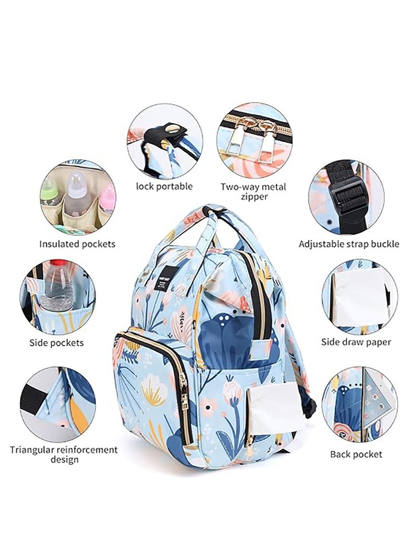 Yoawllty Big Capacity Baby Diaper Bag, Multifunctional Waterproof Diapers Changing Backpacks for Mothers and Fathers Travel(Flower Blue)  - Image 2