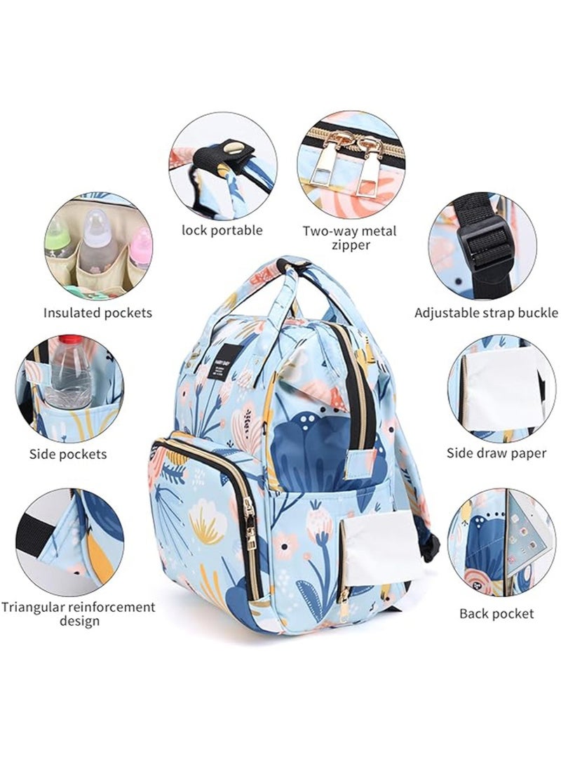 Yoawllty Big Capacity Baby Diaper Bag, Multifunctional Waterproof Diapers Changing Backpacks for Mothers and Fathers Travel(Flower Blue)  - Image 3