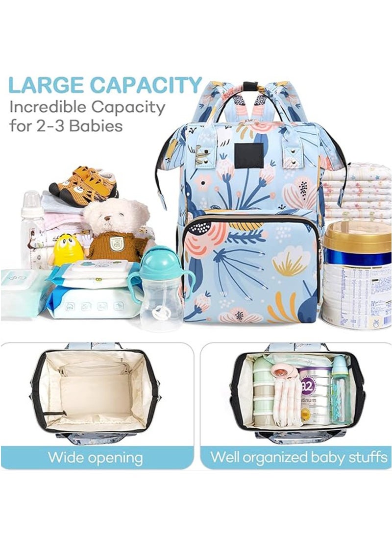 Yoawllty Big Capacity Baby Diaper Bag, Multifunctional Waterproof Diapers Changing Backpacks for Mothers and Fathers Travel(Flower Blue)  - Image 2