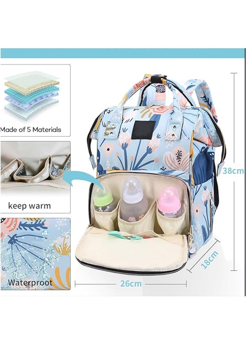 Yoawllty Big Capacity Baby Diaper Bag, Multifunctional Waterproof Diapers Changing Backpacks for Mothers and Fathers Travel(Flower Blue)  - Image 4