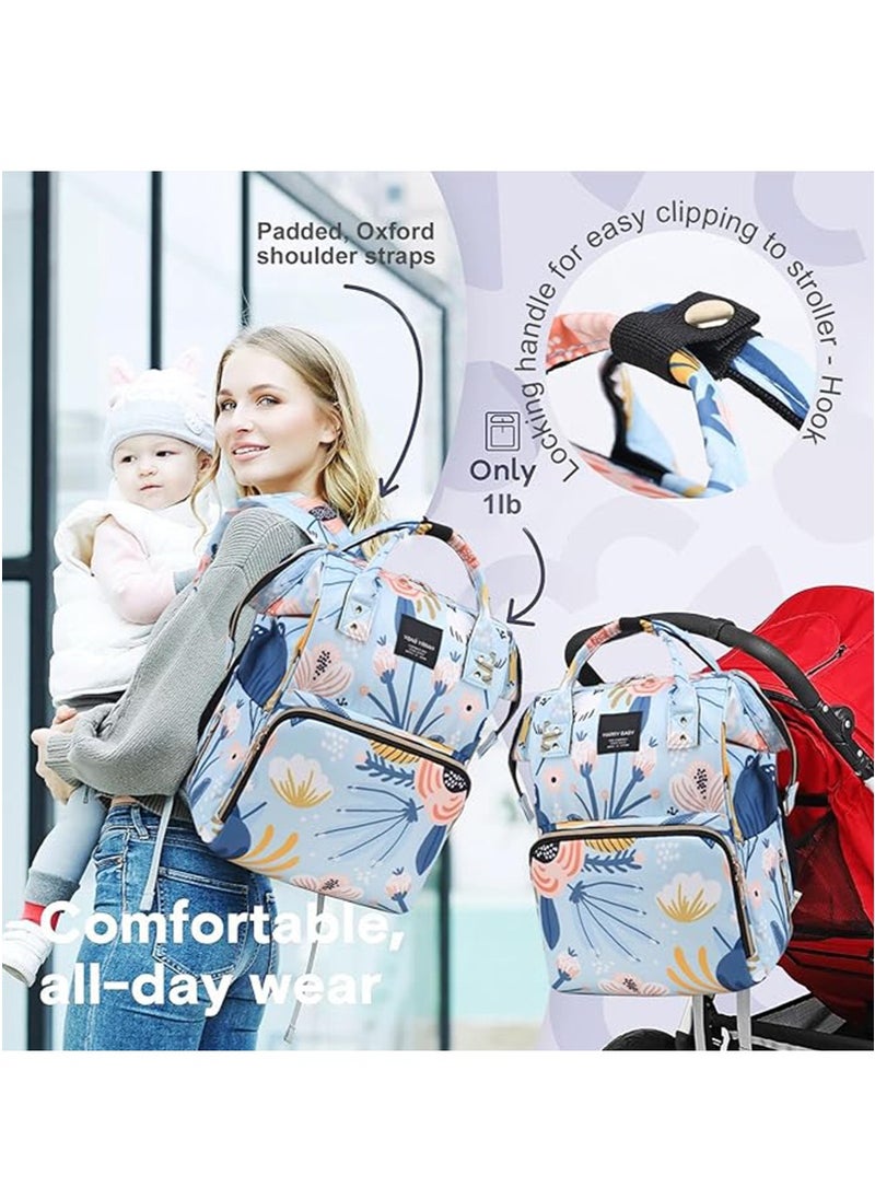 Yoawllty Big Capacity Baby Diaper Bag, Multifunctional Waterproof Diapers Changing Backpacks for Mothers and Fathers Travel(Flower Blue)  - Image 5