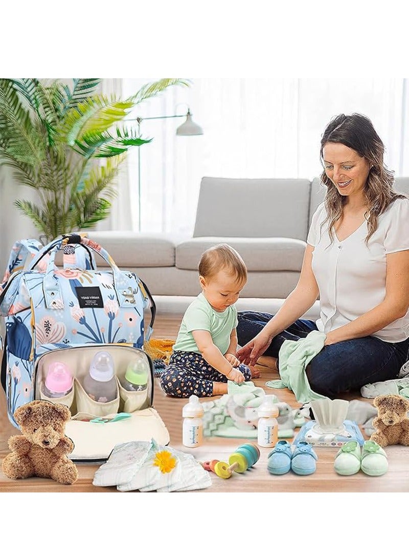 Baby Diaper Bag with 13 Pockets, Large Capacity Multifunctional Waterproof Diapers Changing Backpack for Mothers and Fathers Travel(Flower Blue)