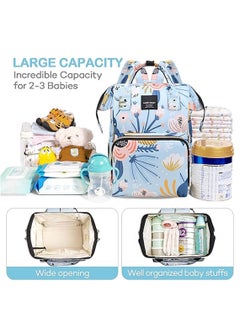 Yoawllty Big Capacity Baby Diaper Bag, Multifunctional Waterproof Diapers Changing Backpacks for Mothers and Fathers Travel(Flower Blue)  - Image 4