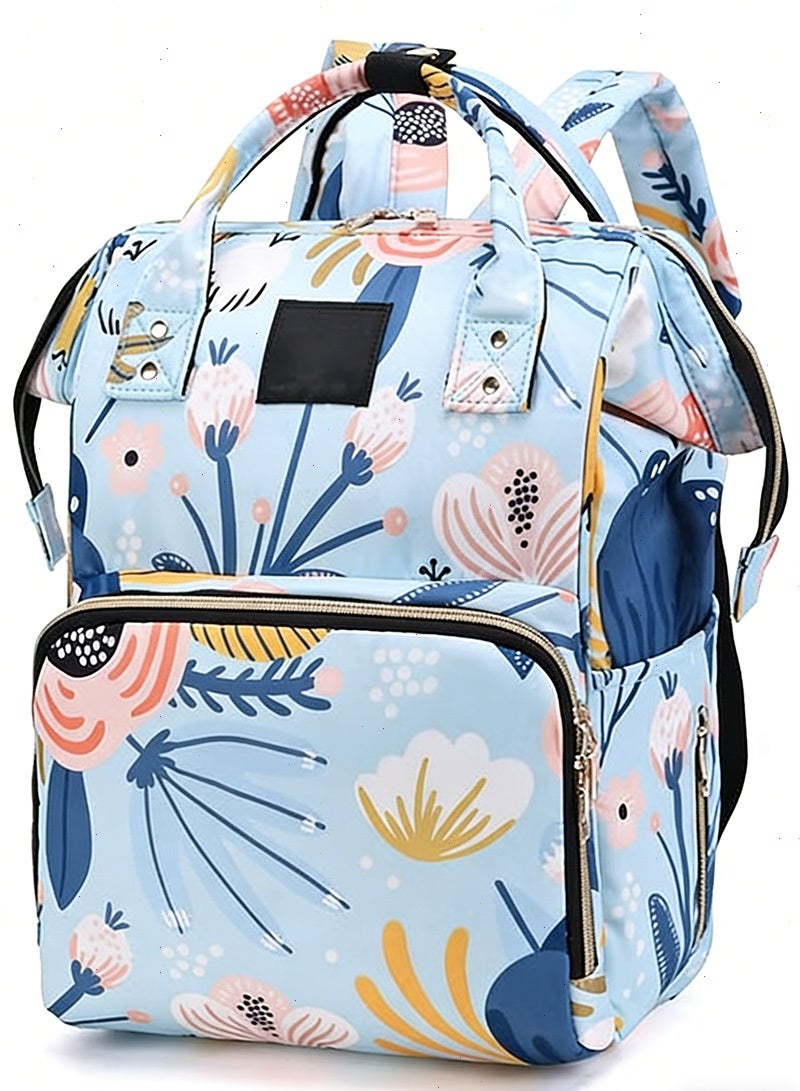 يواوليتي حقيبة حفاضات، حقيبة حفاضات أطفال بـ 13 جيبًا، حقيبة ظهر متعددة الوظائف لتغيير الحفاضات، حقيبة ظهر لتغيير الحفاضات أثناء السفر (زرقاء مزينة بالورود) - Image 1