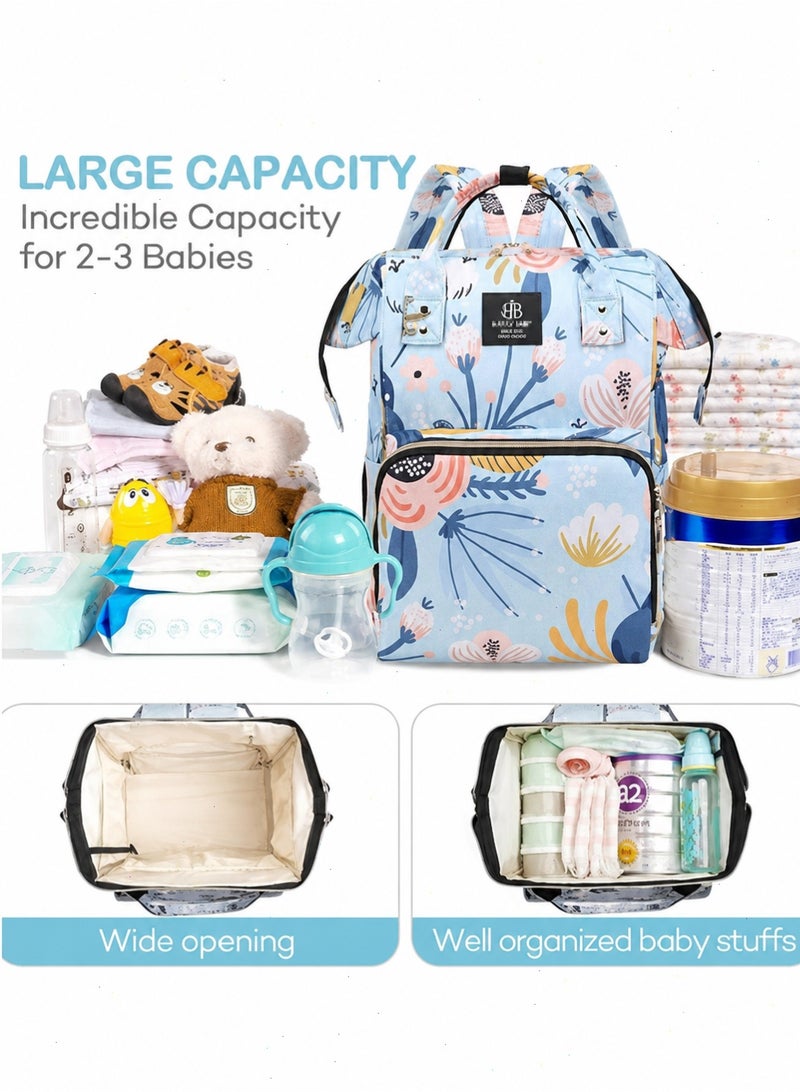 Diaper Bag, Baby Diaper Bag with 13 Pockets, Multifunctional Diapers Changing Backpack, Baby Travel Tote Changing Backpacks(Flower Blue) - Image 3