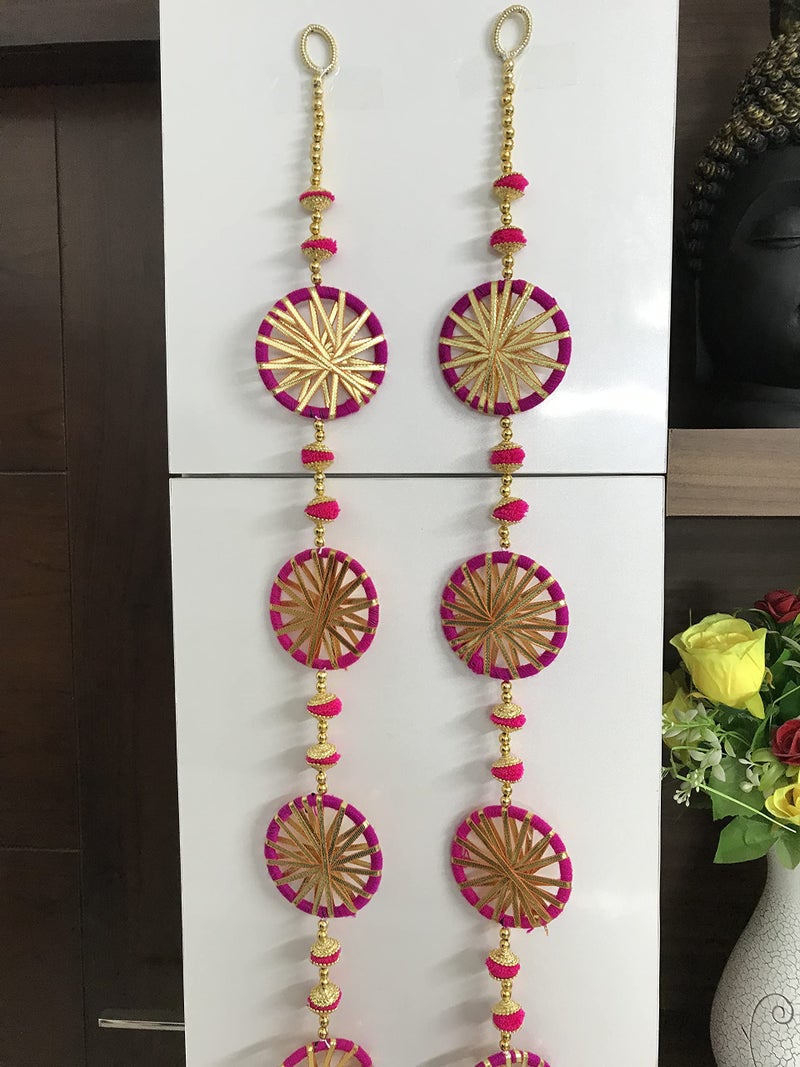 Aahum Handmade Wall Door Dark Pink with 5 Chakri in eachString Hanging PomPom Torans GarlandBandhwar with GoldenBells DecorationItem forHomeDécor DiwaliFestivalNavratriWedding(Dark Pink 3 FT 4Strings) - Image 2