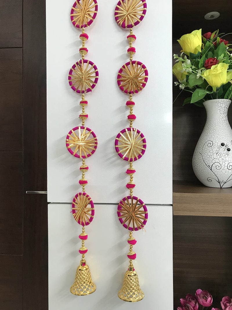 Aahum Handmade Wall Door Dark Pink with 5 Chakri in eachString Hanging PomPom Torans GarlandBandhwar with GoldenBells DecorationItem forHomeDécor DiwaliFestivalNavratriWedding(Dark Pink 3 FT 4Strings) - Image 3