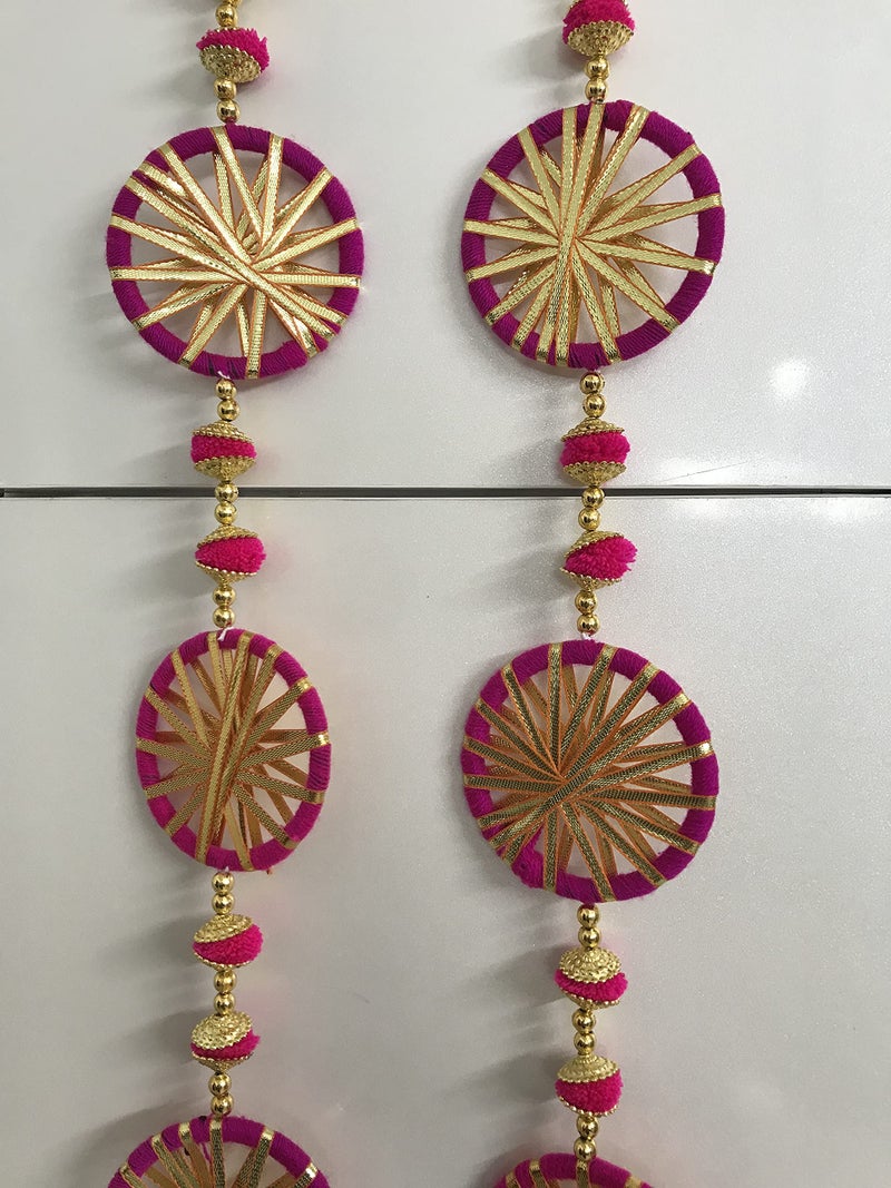 Aahum Handmade Wall Door Dark Pink with 5 Chakri in eachString Hanging PomPom Torans GarlandBandhwar with GoldenBells DecorationItem forHomeDécor DiwaliFestivalNavratriWedding(Dark Pink 3 FT 4Strings) - Image 4