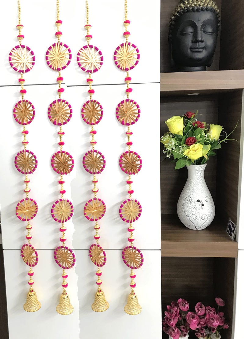 Aahum Handmade Wall Door Dark Pink with 5 Chakri in eachString Hanging PomPom Torans GarlandBandhwar with GoldenBells DecorationItem forHomeDécor DiwaliFestivalNavratriWedding(Dark Pink 3 FT 4Strings) - Image 1