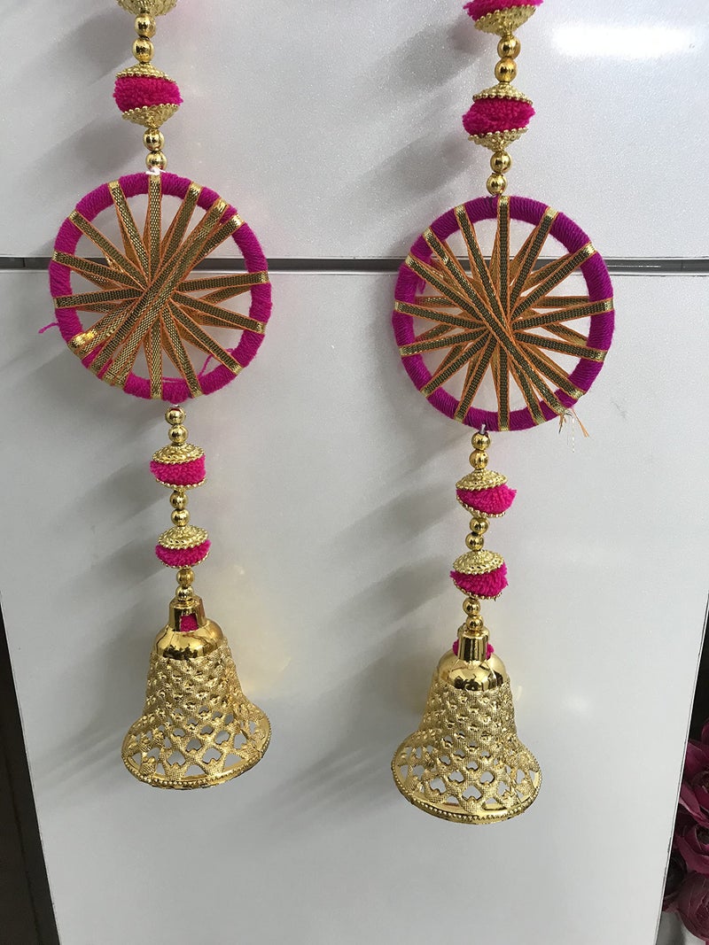 Aahum Handmade Wall Door Dark Pink with 5 Chakri in eachString Hanging PomPom Torans GarlandBandhwar with GoldenBells DecorationItem forHomeDécor DiwaliFestivalNavratriWedding(Dark Pink 3 FT 4Strings) - Image 5