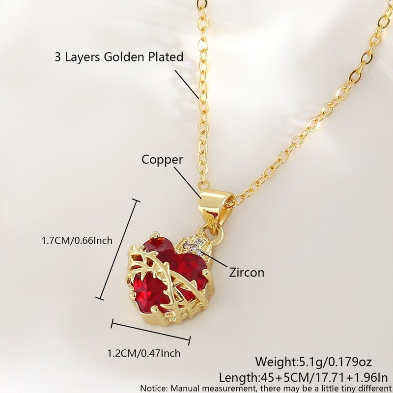 Red Heart Zircon Cross Crown Pendant Necklace for Women, Copper Gold Plated, Fashion Choker Chain - 1.7*1.2cm Gold Plated Red Heart NAB10-6