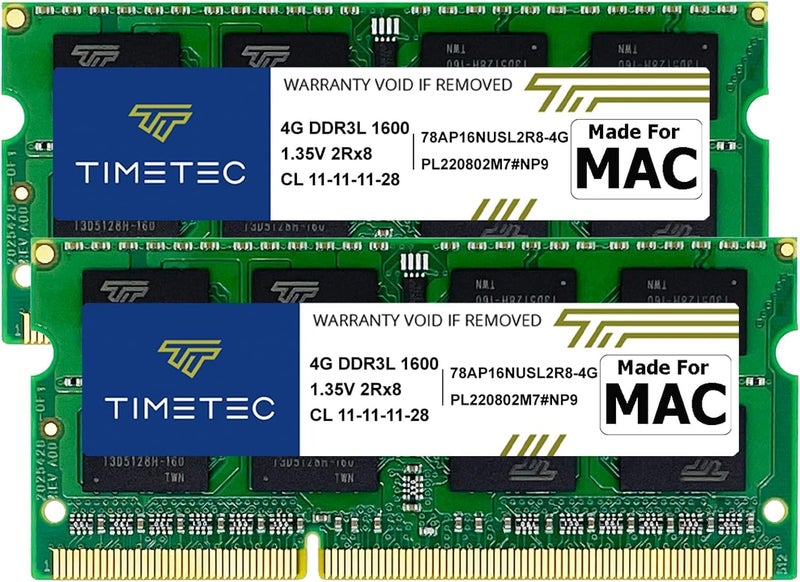 Timetec ذاكرة 8 جيجابايت (2x4 جيجابايت) متوافقة مع آبل DDR3L 1600 ميجاهرتز لجهاز ماك بوك برو (بداية/نهاية 2011، منتصف 2012)، آي ماك (منتصف 2011، نهاية 2012، بداية/نهاية 2013، نهاية 2014، منتصف 2015)، ماك ميني (منتصف 2011، نهاية 2012) ذاكرة ماك - Image 1