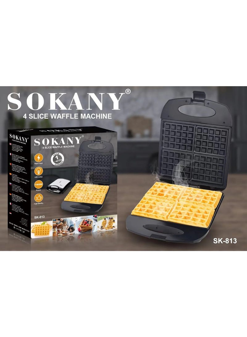 SOKANY SK-813 4 Slice Waffle Maker 1400W Non-Stick Electric Waffle Machine with Rapid Heating, Indicator Lights, Easy-Clean Plates, Perfect for Crispy Homemade Breakfast, Snacks, Desserts, and Family Cooking - Image 1