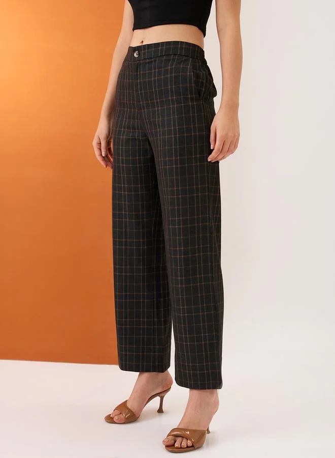 globus Black Plaid Checks Straight Fit Trousers