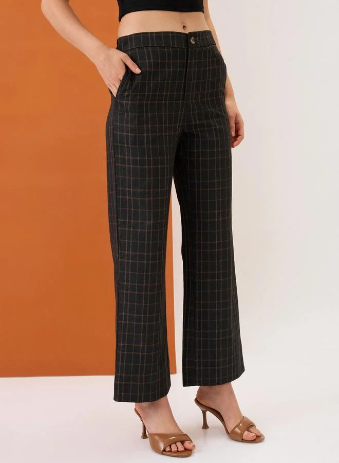 globus Black Plaid Checks Straight Fit Trousers