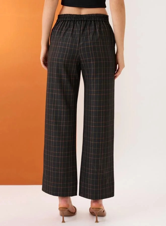 globus Black Plaid Checks Straight Fit Trousers