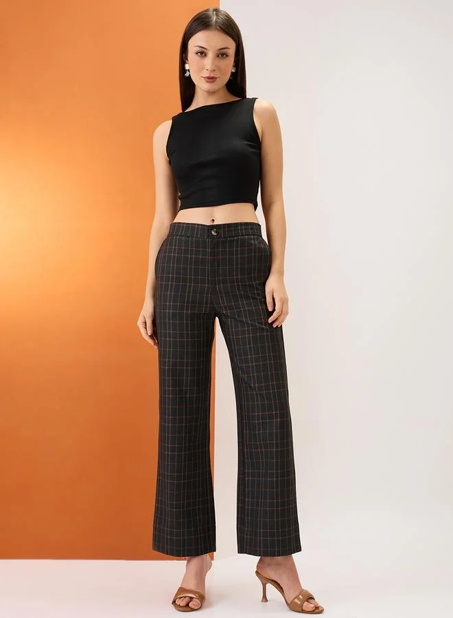 globus Black Plaid Checks Straight Fit Trousers
