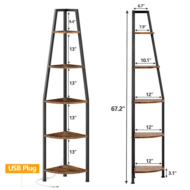 Furnulem 5 Tier Corner Shelf with LED Light, 67.2â€ Tall Standing Shelf for Wall Corner, Narrow Bookshelf Ladder Shelf for Bedroom, Living Room, Plant, Wood Storage Rack, Metal Frame (Rustic Brown) - Image 2