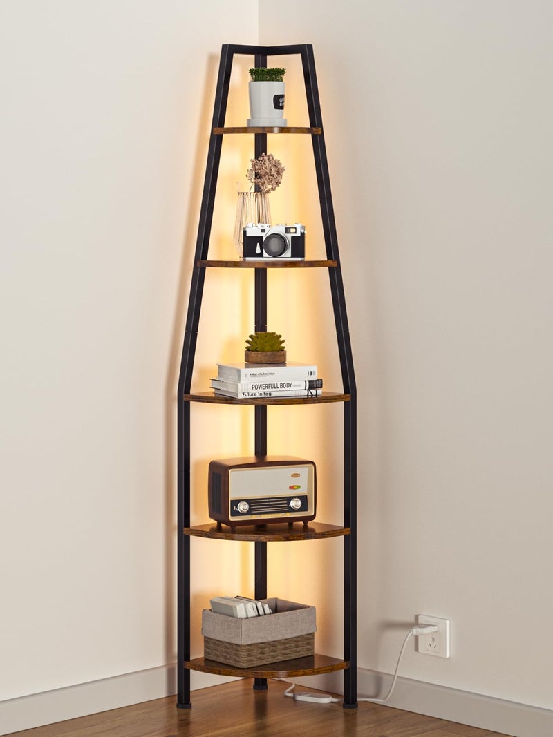 Furnulem 5 Tier Corner Shelf with LED Light, 67.2â€ Tall Standing Shelf for Wall Corner, Narrow Bookshelf Ladder Shelf for Bedroom, Living Room, Plant, Wood Storage Rack, Metal Frame (Rustic Brown) - Image 1
