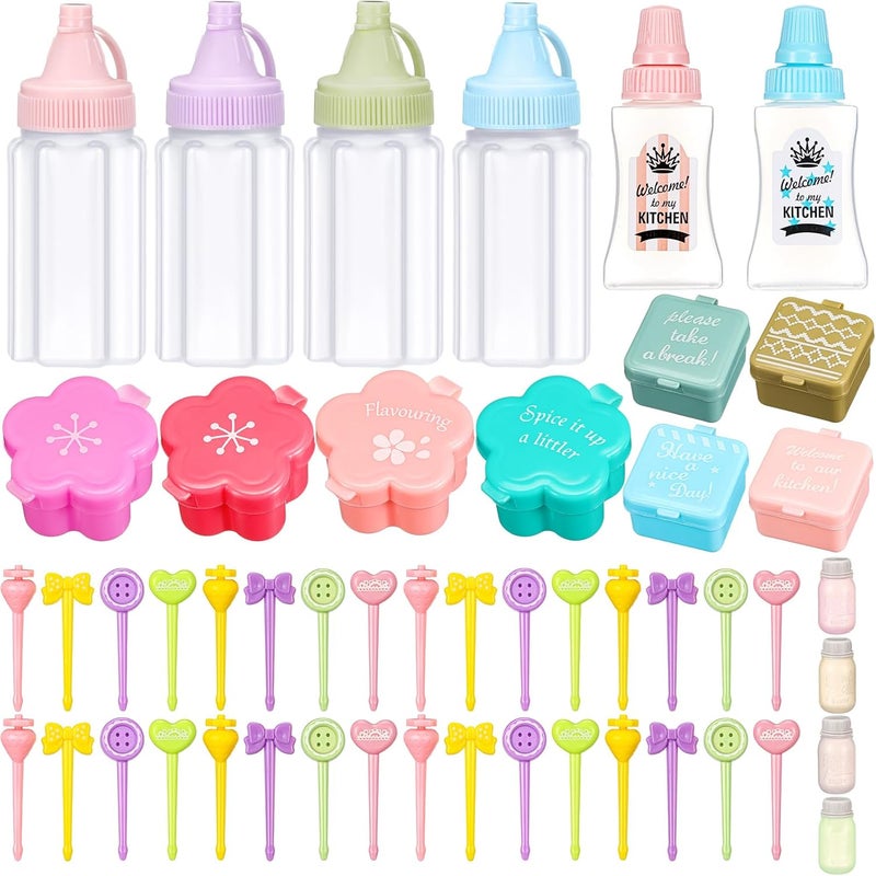 Hoolerry 50 Pcs Kids Bento Box Accessories Including Food Picks Mini Condiment Bottles Ketchup Squeeze Bottles, Mini Soy Sauce Container for Kid School Bento Camping Office (Macaron Candy) - Image 1