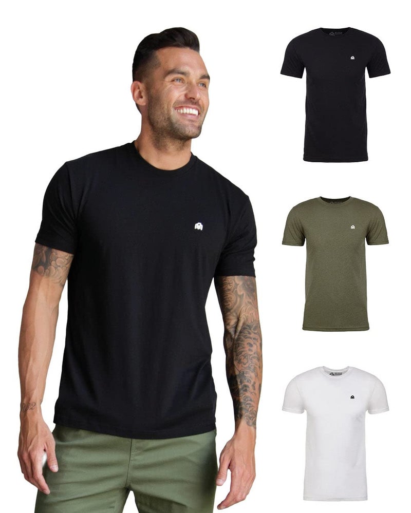 INTO THE AM Men's Logo Basic Tees 3 Pack Multipack - Fitted Essential Crewneck Blank Gym Classic Casual True Fit Fashion Undershirts for Guys (Black/Olive Green/White, XX-Large)