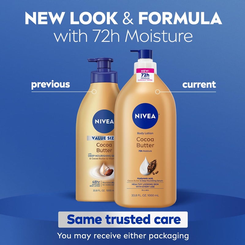 NIVEA Cocoa Butter Body Lotion for Dry Skin with Hyaluronic Acid, Cocoa Butter and Deep Nourishing Serum, 72-Hour Body Moisturizer, 33.8 Fl Oz Value Size Pump Bottle - Image 2