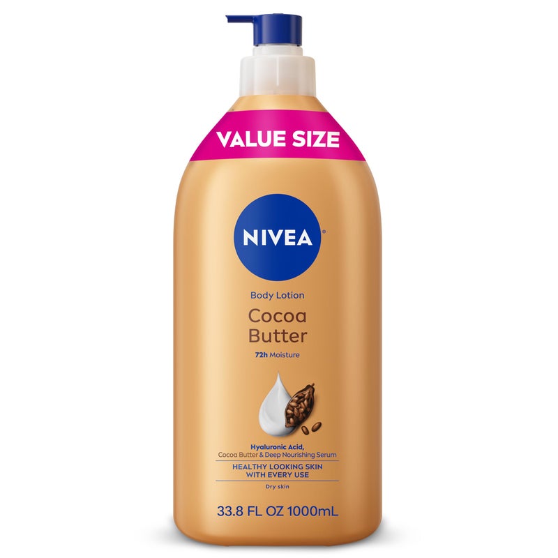 NIVEA Cocoa Butter Body Lotion for Dry Skin with Hyaluronic Acid, Cocoa Butter and Deep Nourishing Serum, 72-Hour Body Moisturizer, 33.8 Fl Oz Value Size Pump Bottle - Image 1