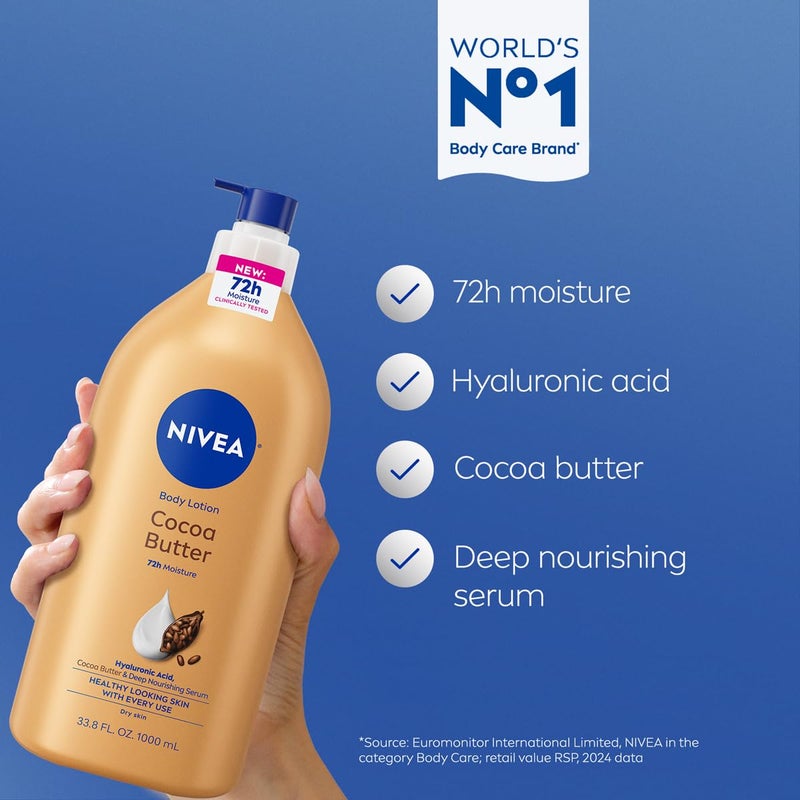 NIVEA Cocoa Butter Body Lotion for Dry Skin with Hyaluronic Acid, Cocoa Butter and Deep Nourishing Serum, 72-Hour Body Moisturizer, 33.8 Fl Oz Value Size Pump Bottle - Image 3