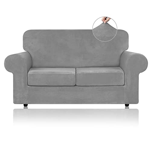 WEERRW Velvet Couch Covers for 2 Cushion Couch Sofa  High Stretch Luxury Velvet Plush 3 Pieces Sofa Slipcovers with Elastic Bottom Furniture Protector for Pets Machine Washable Silver Grey Medium