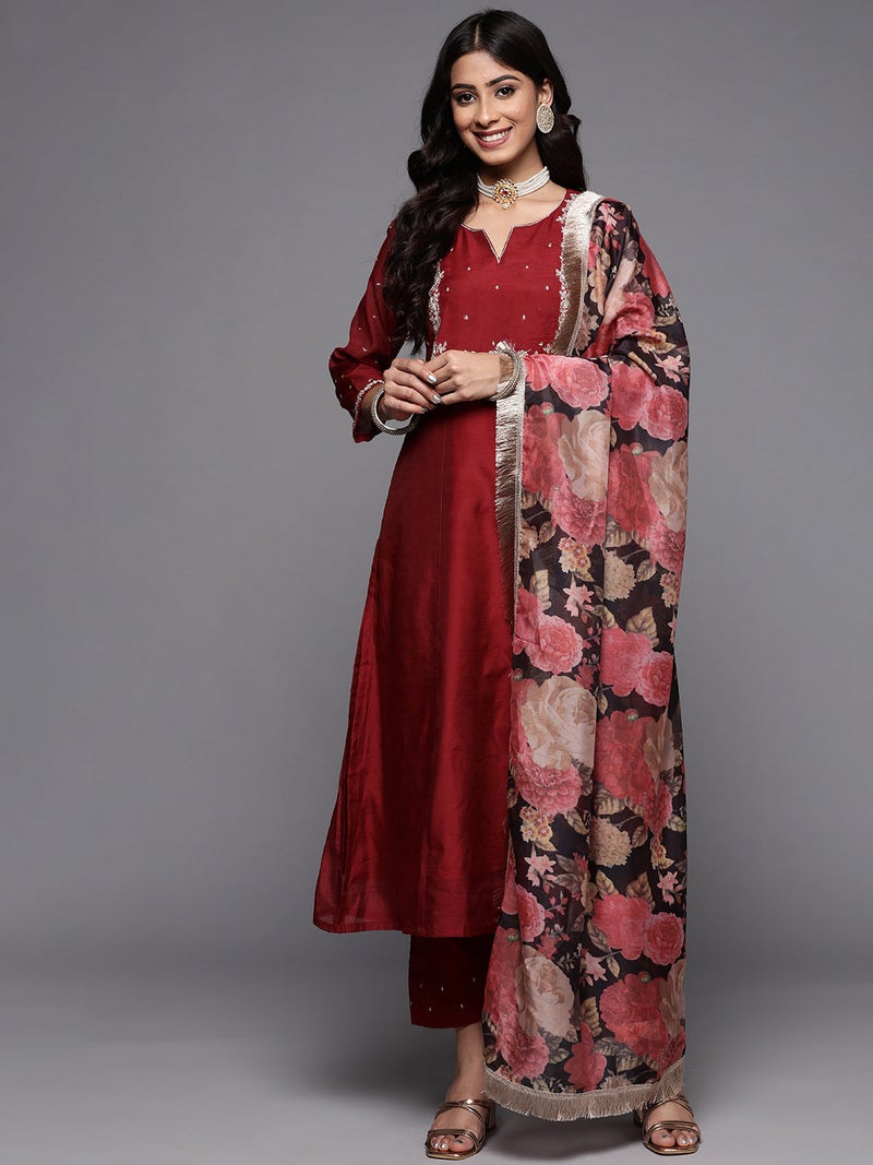 PRASHA embroidered chanderi kurta paired with embroidered trousers and digital printed dupatta - Image 1
