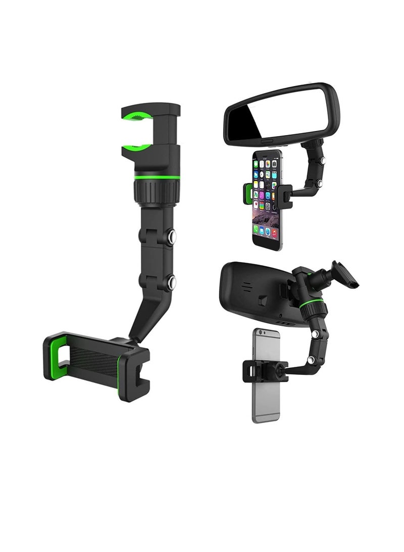 حامل هاتف محمول للسيارة بمرآة الرؤية الخلفية قابل للتعديل بزاوية 360 درجة وذراع طويل للرقبة بدون استخدام اليدين باللون الأسود/الأخضر - Image 1