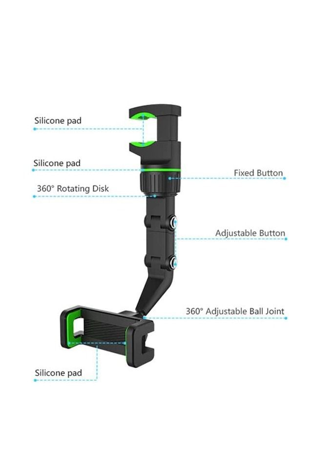 حامل هاتف محمول للسيارة بمرآة الرؤية الخلفية قابل للتعديل بزاوية 360 درجة وذراع طويل للرقبة بدون استخدام اليدين باللون الأسود/الأخضر - Image 5