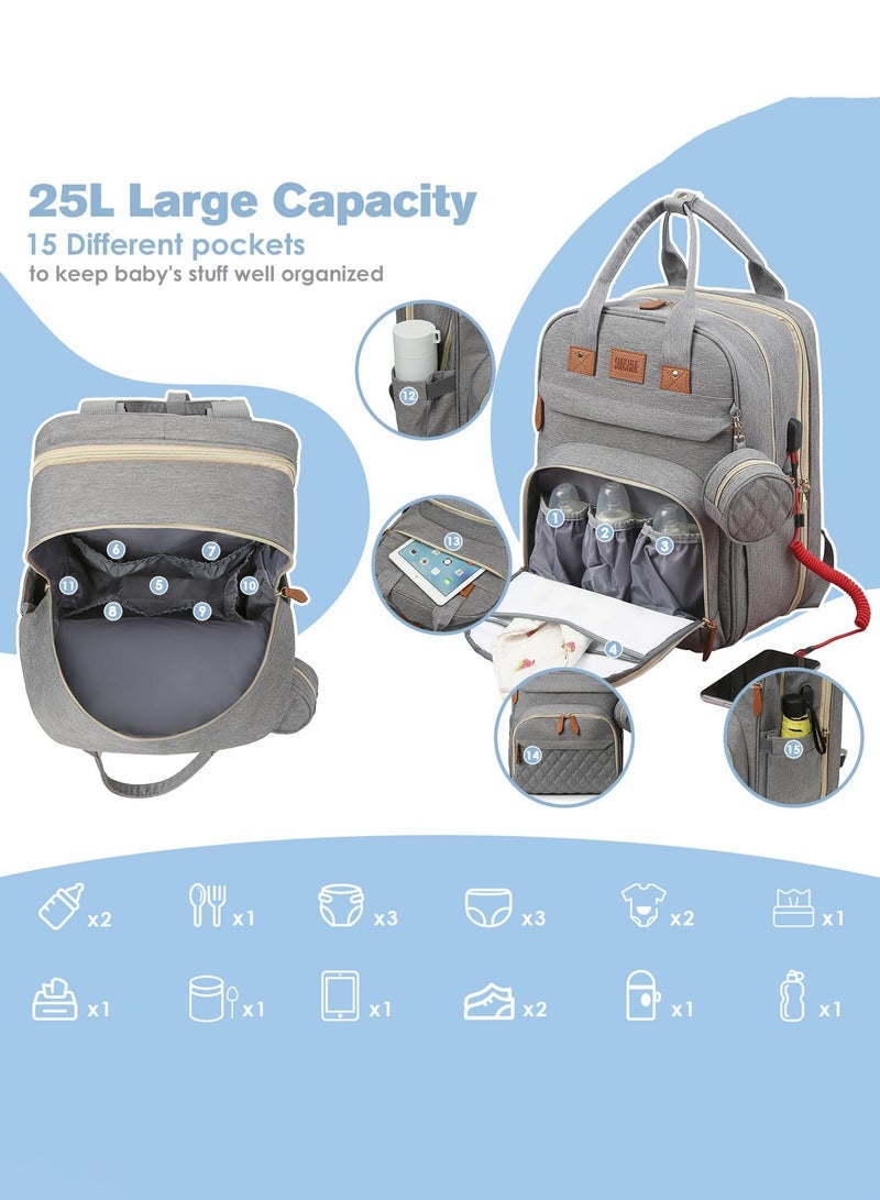Diaper Bag Backpack, Large Diaper Bag with Changing Station, Baby Bag, Lightweight Waterproof Unisex Diaper Bag with Insulated Pockets and USB Charging Port, Grey  - Image 2