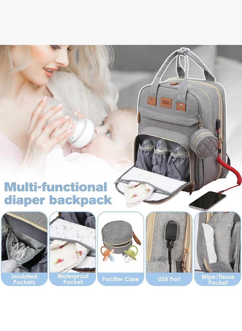 Diaper Bag Backpack, Large Diaper Bag with Changing Station, Baby Bag, Lightweight Waterproof Unisex Diaper Bag with Insulated Pockets and USB Charging Port, Grey  - Image 5