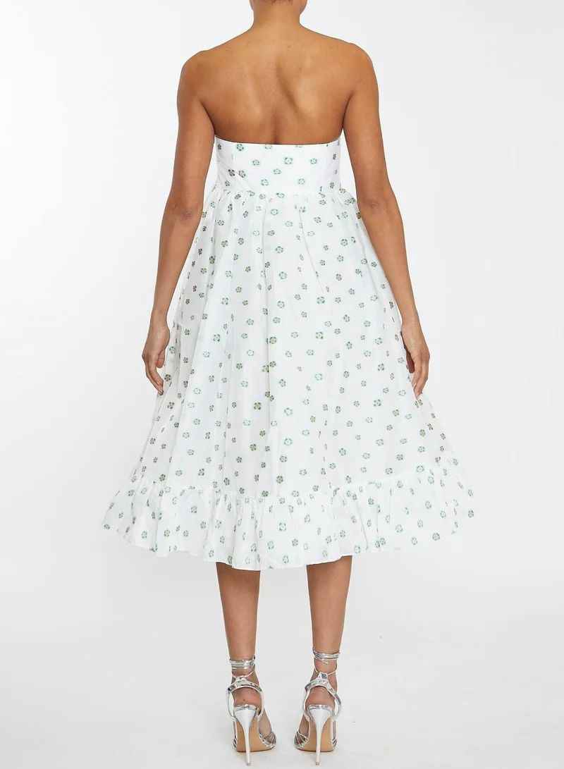 ترو ديكادينس Chloe White-Green Organza Bandeau Ruffle Hem Midi-Dress