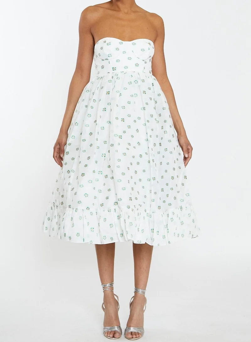 ترو ديكادينس Chloe White-Green Organza Bandeau Ruffle Hem Midi-Dress