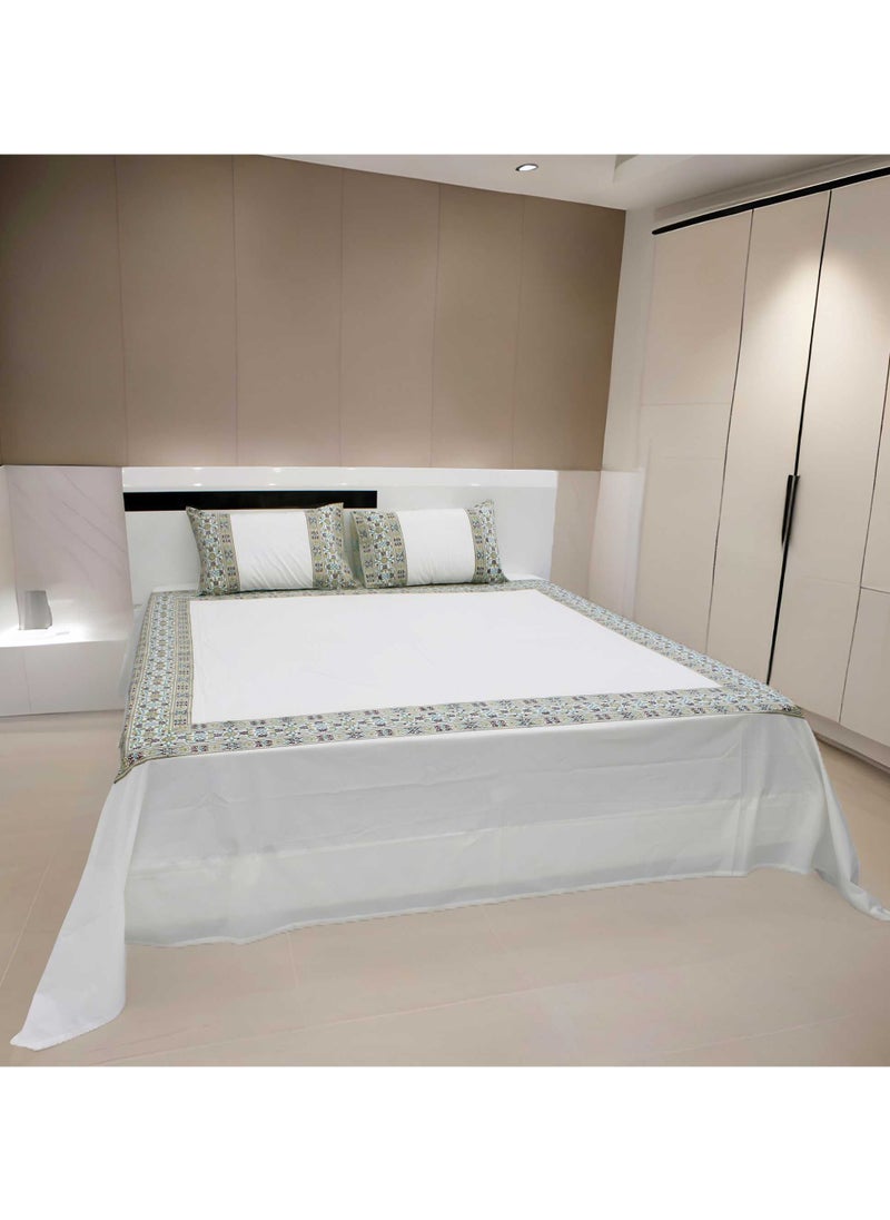 MARHABA CURTAIN 100% Cotton Jaipuri Handblock Print Double Bed Sheet with 2 Pillow Covers Premium Quality, Soft, Breathable (WHITELILLY BORDER 01)  - Image 1
