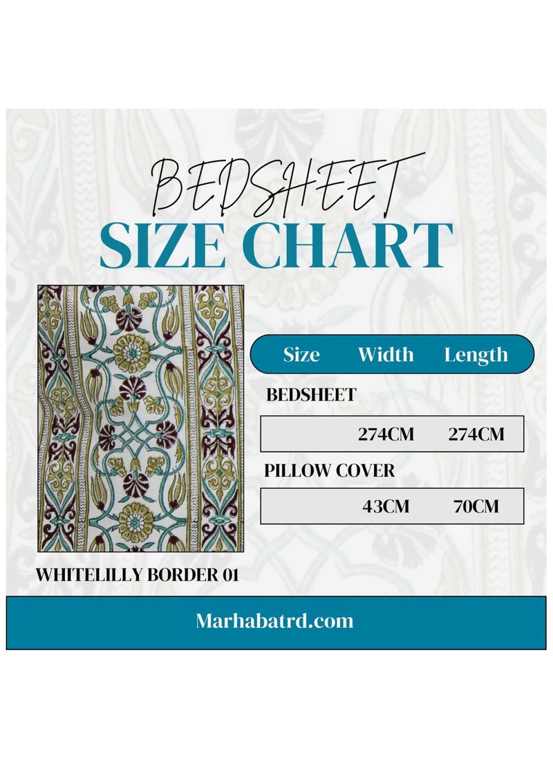 MARHABA CURTAIN 100% Cotton Jaipuri Handblock Print Double Bed Sheet with 2 Pillow Covers Premium Quality, Soft, Breathable (WHITELILLY BORDER 01)  - Image 5