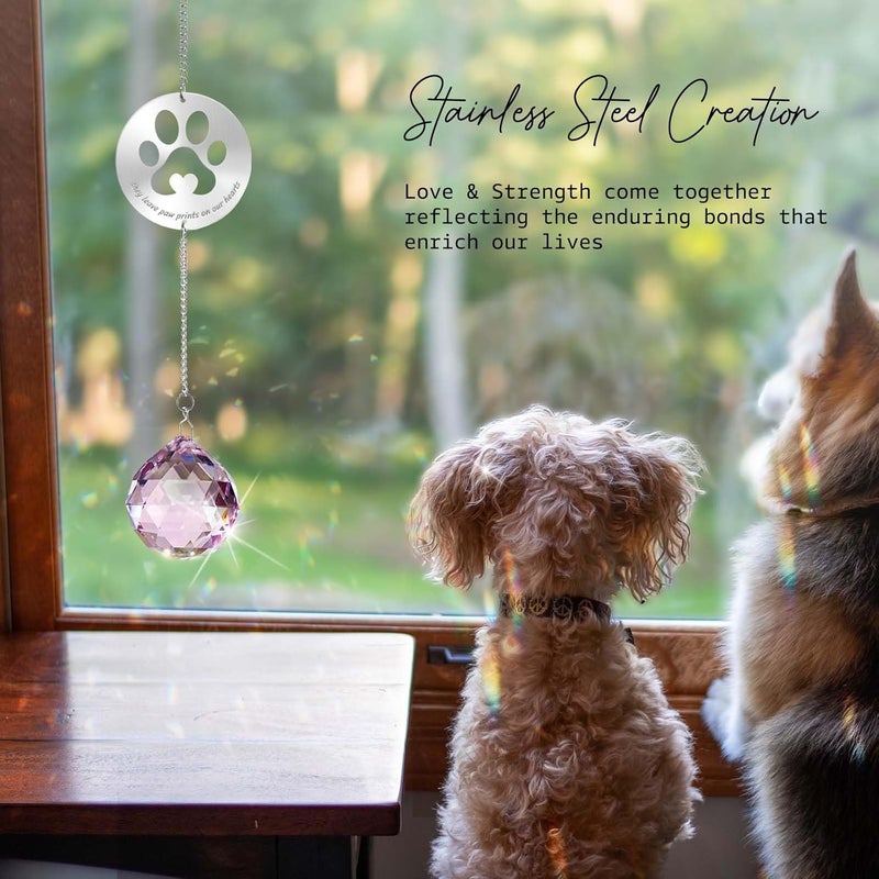 Mooncraftlogy Dog Memorial Gifts for Loss of Dog, Unique Pet Sympathy Gift Idea, Pink Crystal Ball Window Suncatcher for Remembrance, Rainbow Paw Print Hanging Cat Passing Away Bereavement Present - Image 2