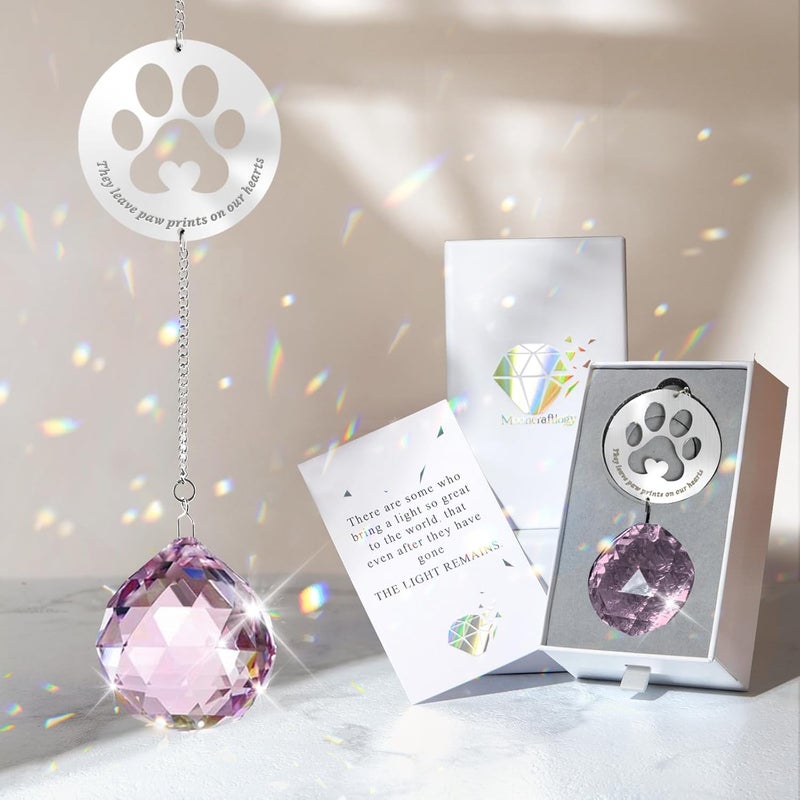Mooncraftlogy Dog Memorial Gifts for Loss of Dog, Unique Pet Sympathy Gift Idea, Pink Crystal Ball Window Suncatcher for Remembrance, Rainbow Paw Print Hanging Cat Passing Away Bereavement Present - Image 1