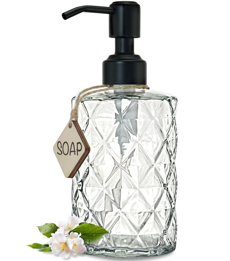 JASAI Diamond Design 12 Oz Glass Soap Dispenser with Black Pump, Small Hand soap Dispenser with Rust Proof Pump, Bathroom Soap Dispenser for Hand Soap, Soap, Lotion(Black). - Image 1