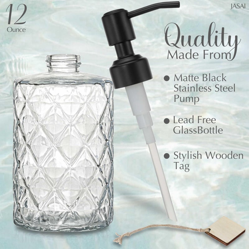 JASAI Diamond Design 12 Oz Glass Soap Dispenser with Black Pump, Small Hand soap Dispenser with Rust Proof Pump, Bathroom Soap Dispenser for Hand Soap, Soap, Lotion(Black). - Image 3
