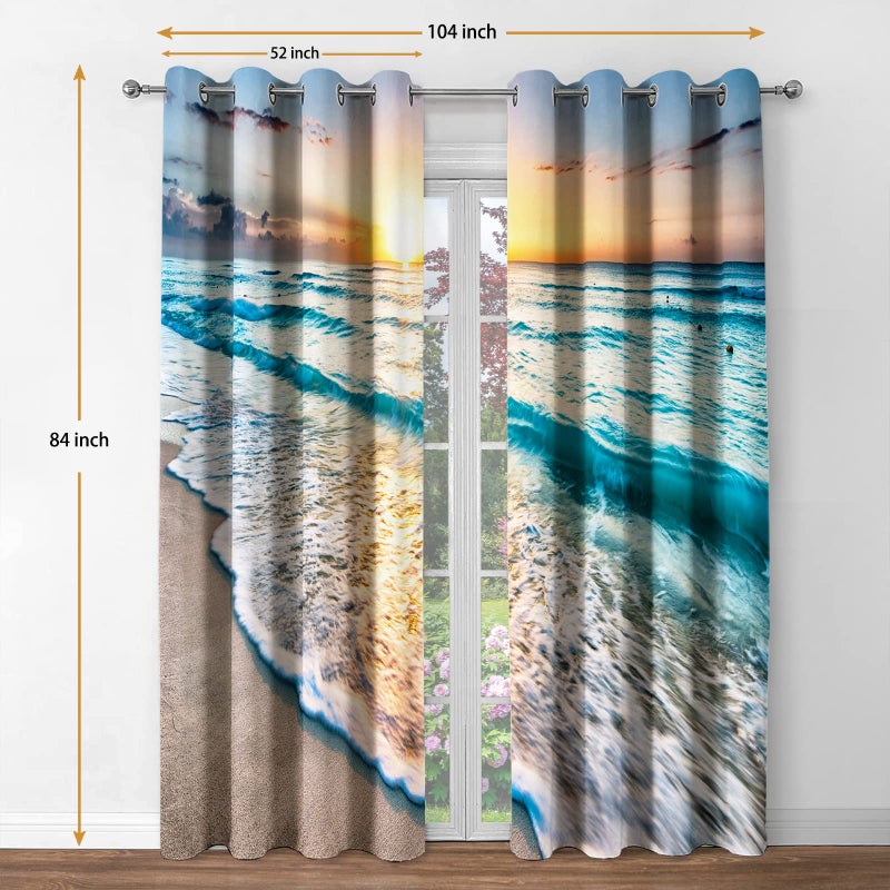 Jekeno Beach Ocean Waves Blackout Curtains Tropical Sea Sunrise Seaside Coastal Scenic Hawaiian Scenery Decor for Home Bedroom Living Room Darkening Grommet Window Drapes 2 Panel Set  52""x84"" - Image 2
