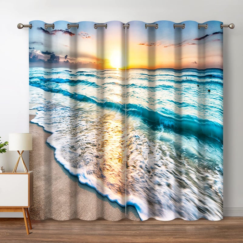 Jekeno Beach Ocean Waves Blackout Curtains Tropical Sea Sunrise Seaside Coastal Scenic Hawaiian Scenery Decor for Home Bedroom Living Room Darkening Grommet Window Drapes 2 Panel Set  52""x84"" - Image 1