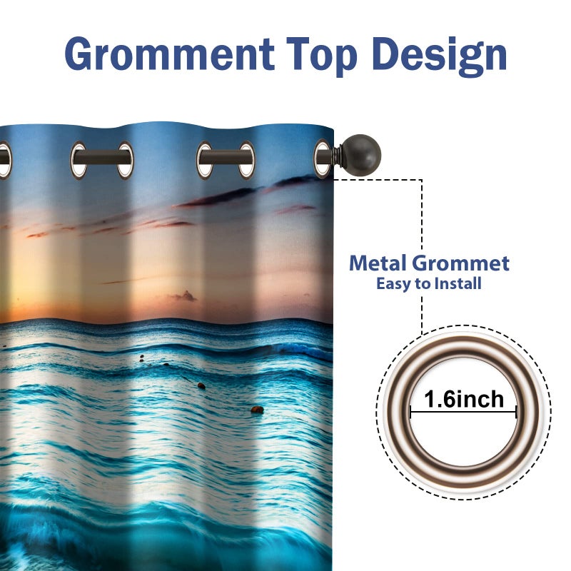 Jekeno Beach Ocean Waves Blackout Curtains Tropical Sea Sunrise Seaside Coastal Scenic Hawaiian Scenery Decor for Home Bedroom Living Room Darkening Grommet Window Drapes 2 Panel Set  52""x84"" - Image 5