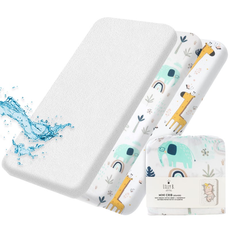 RoomMates Organic Cotton GOTS Fitted Sheets 2+1 Waterproof Protector Compatible Next to Me Crib Sheets, Snuzpod and All Bedside Cribs Up To 60x120cm Pack of 3 Piece - Image 1